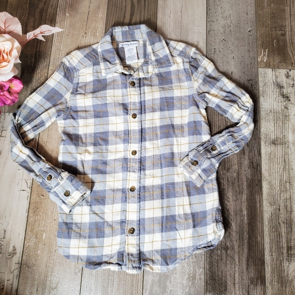 Tommy Bahama Gray & Cream Plaid Flannel Button Down Shirt Boys Size Medium 7/8